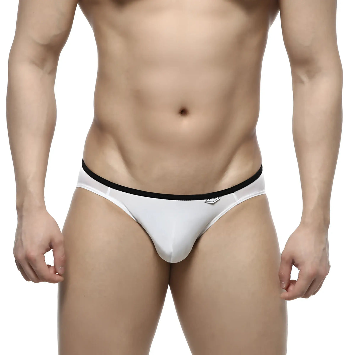 White men’s briefs metroMalewear over-limit bikini with black elastic waistband in white cotton fabric