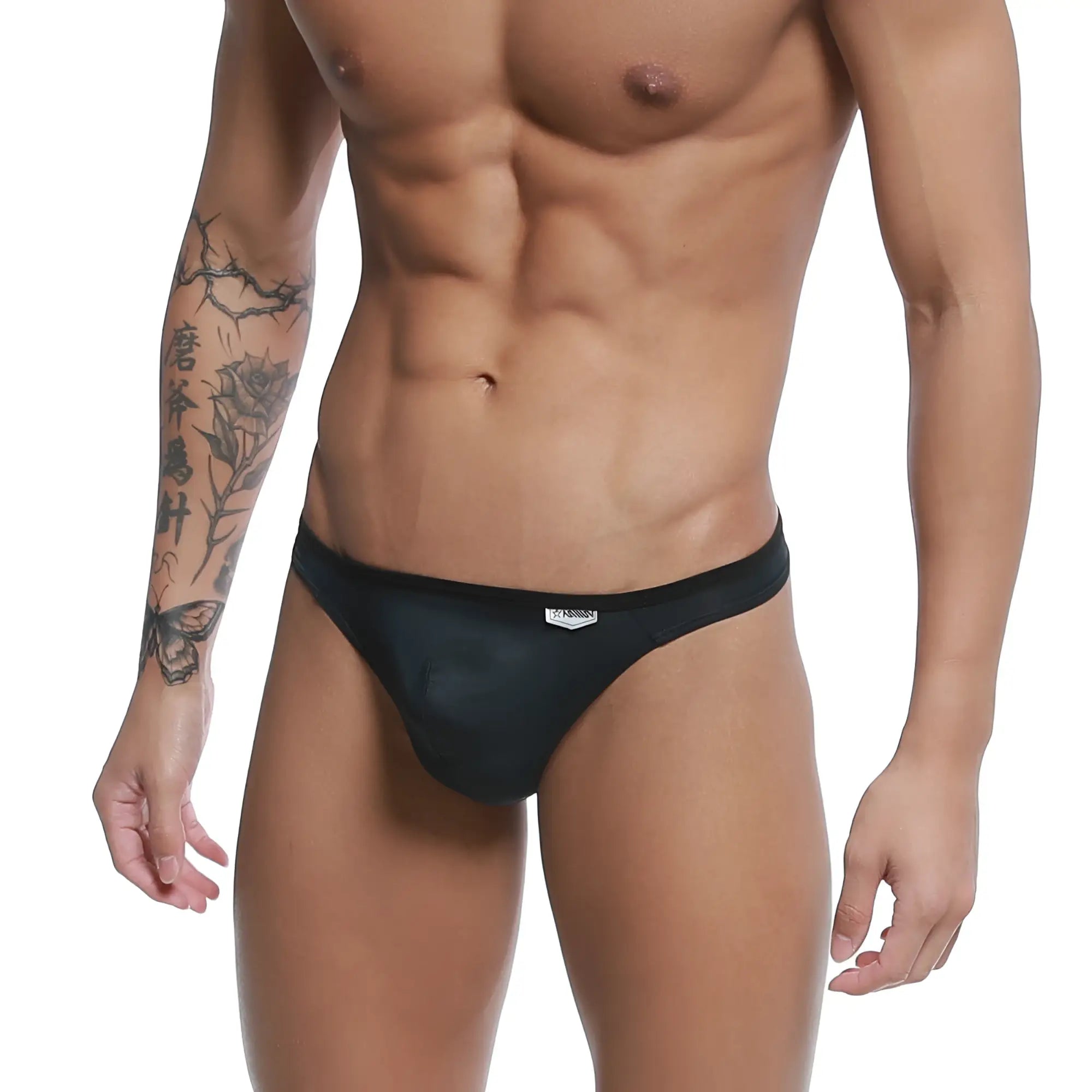 MetroMaleWear Over-Limit thong black mesh briefs with subtle sheen and small white logo on waistband front view