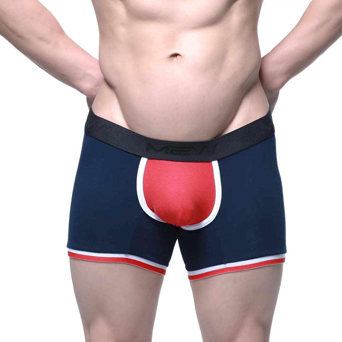 Men’s navy blue boxer briefs with red white pouch accent and black waistband featuring men logo metro male wear oviedo short boxer