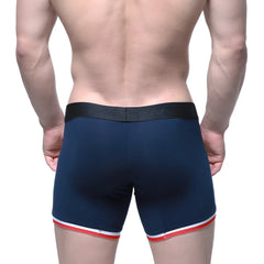 Navy blue MetroMaleWear Oviedo short boxer 7 inch with black waistband and red and white trim at leg openings