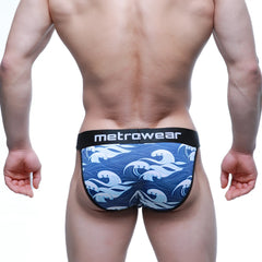 Blue and white wave patterned men’s briefs with black metrowear waistband metroMalewear pado bikini 3004-56