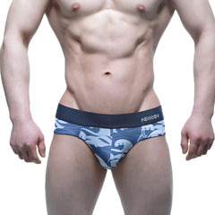 MetroMaleWear Pado Brief 5203-59 blue and white wave patterned men’s briefs with dark blue miiuv logo waistband