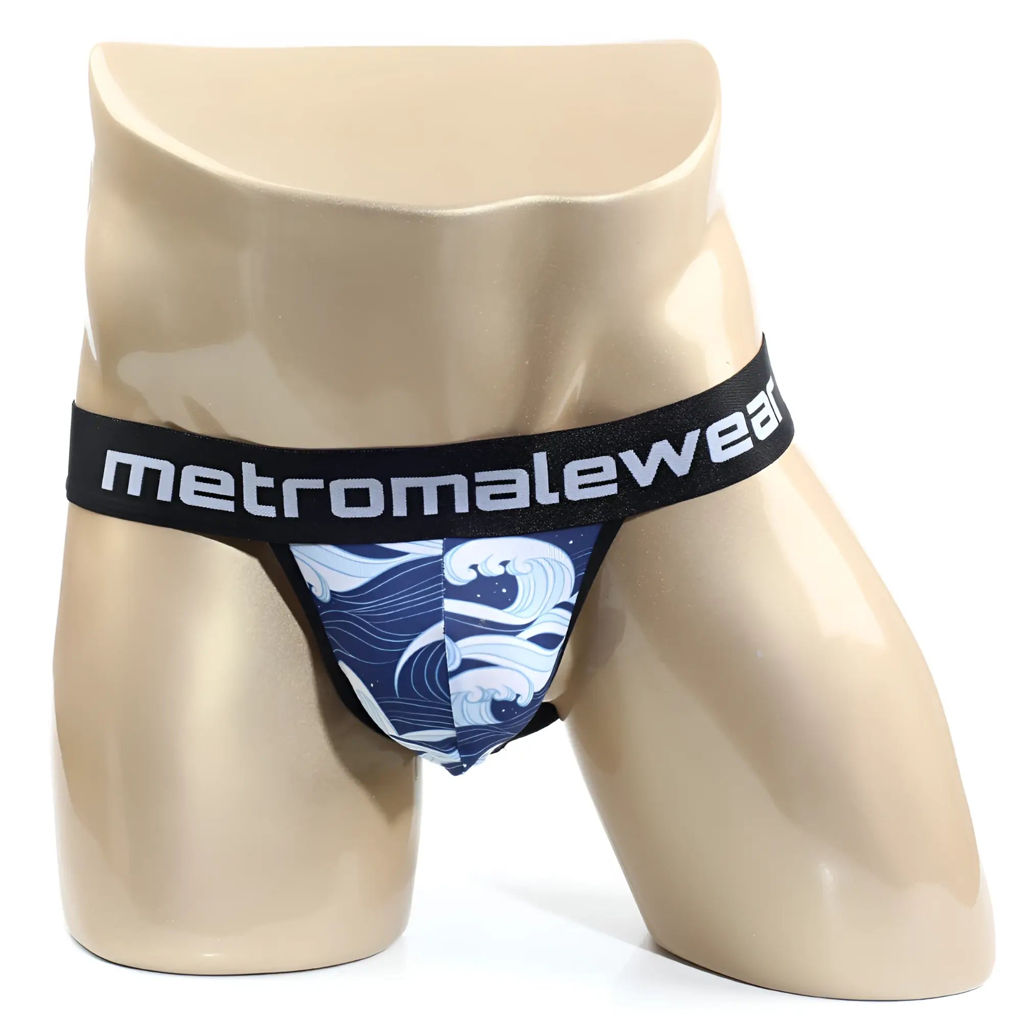 MetroMaleWear Pado jock strap 3001-M63 blue and white wave-patterned briefs with black waistband and logo