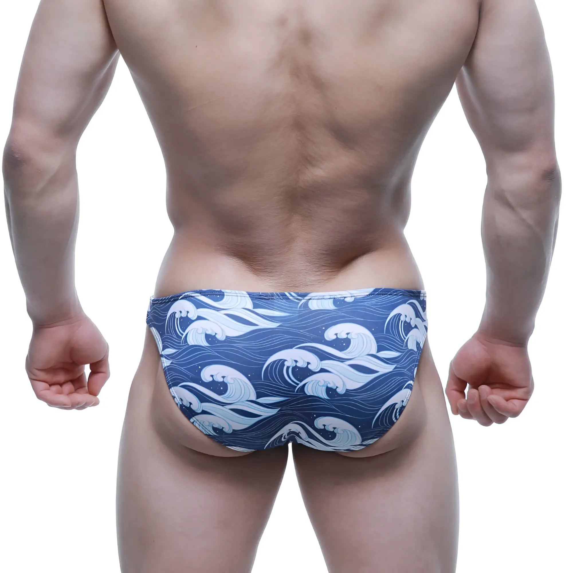 Blue swim trunks with white wave pattern metroMalewear Pado Lowrise Bikini 6115-66 front view