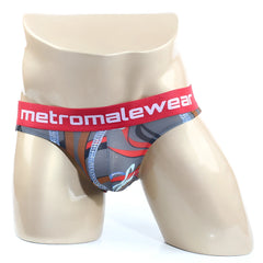 Gray and red patterned metro male wear padu brief 2803-33 with bold logo on elastic waistband for men