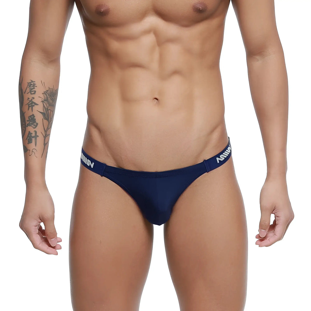 Navy blue metroMalewear paleta bikini briefs with white branding on the waistband designed for comfortable wear