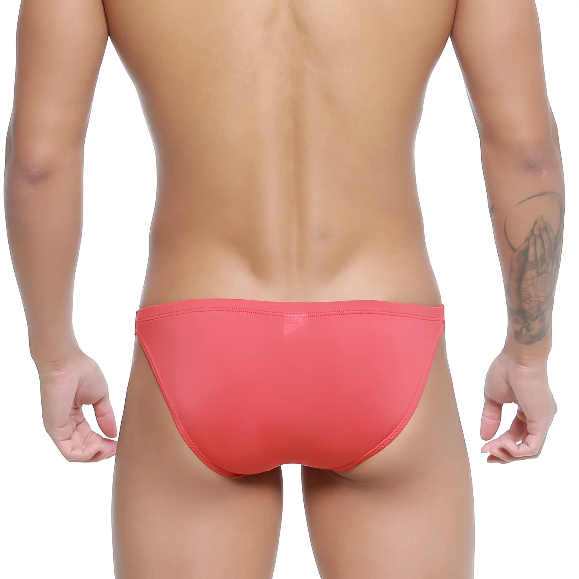 A sleek coral red MetroMaleWear Paleta Bikini 3604-13 swim trunk with a smooth form-fitting design