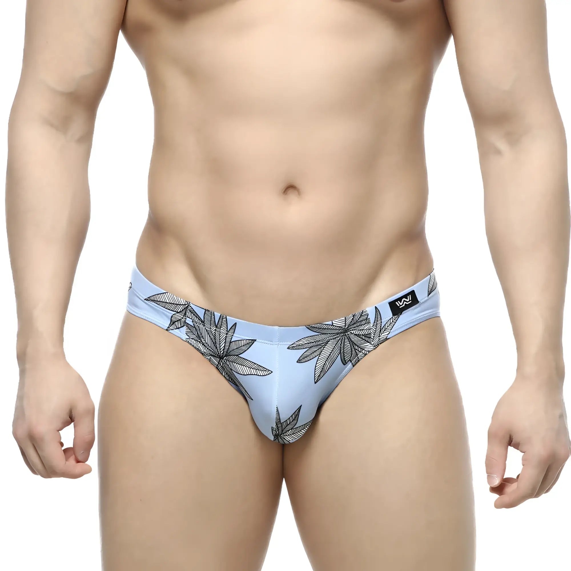 Light blue metro malewear palma bikini briefs with black leaf pattern and small logo on waistband for men