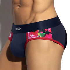 Navy blue metroMalewear panel bikini briefs with vibrant floral side pattern red trim and satin waistband