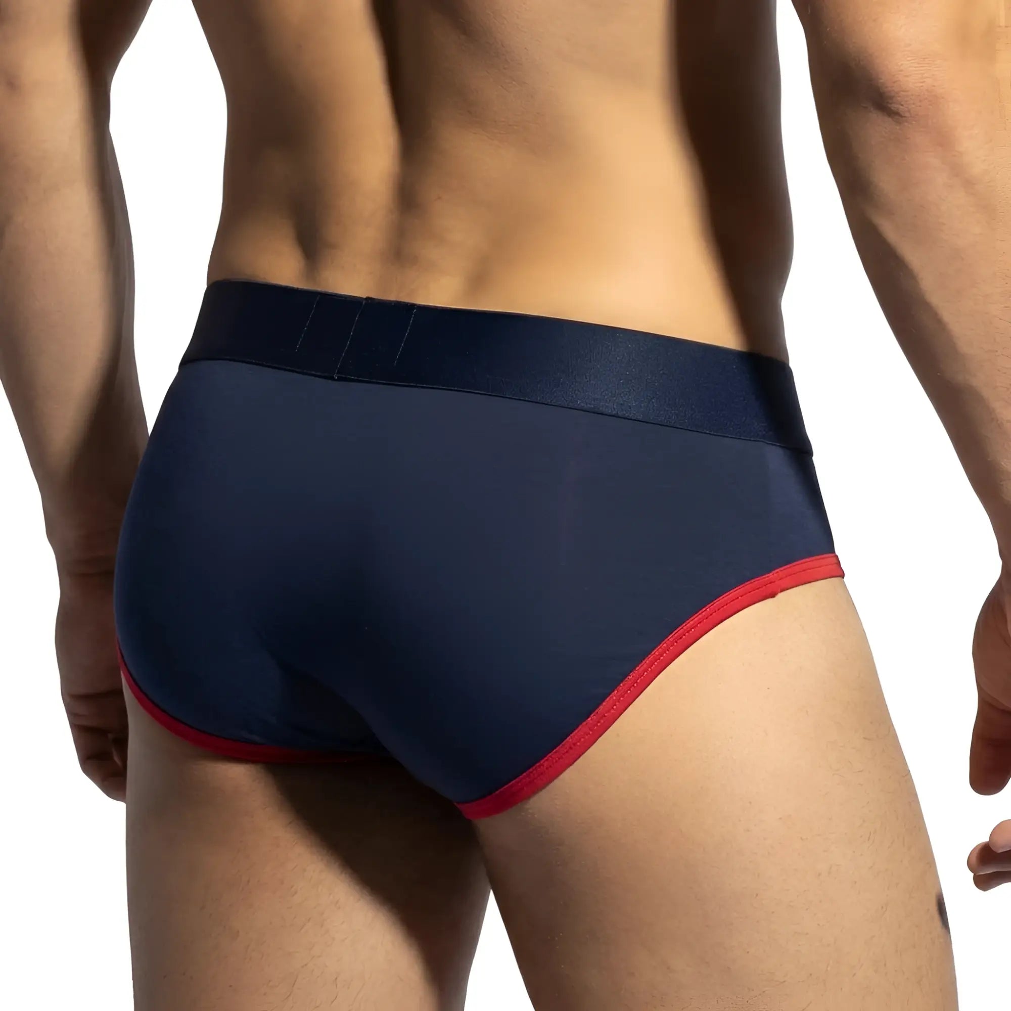MetroMaleWear panel bikini briefs in navy with red trim and a smooth stretchy fabric waistband for comfort