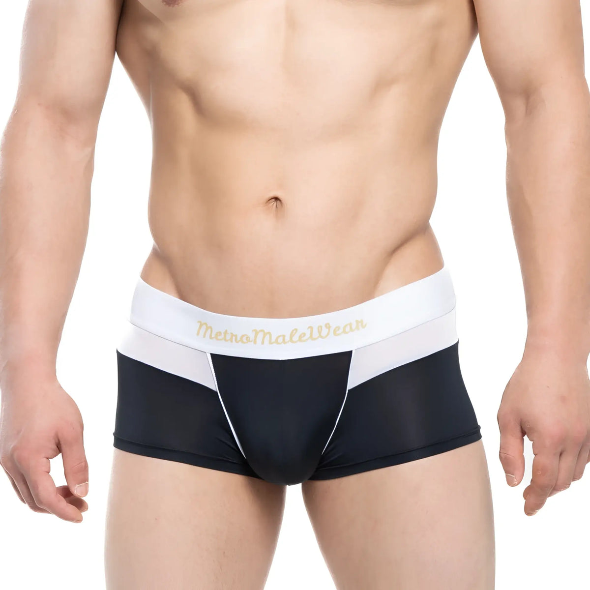 Black and white athletic briefs with gold metro male wear logo on waistband metro male wear parisienne short boxer