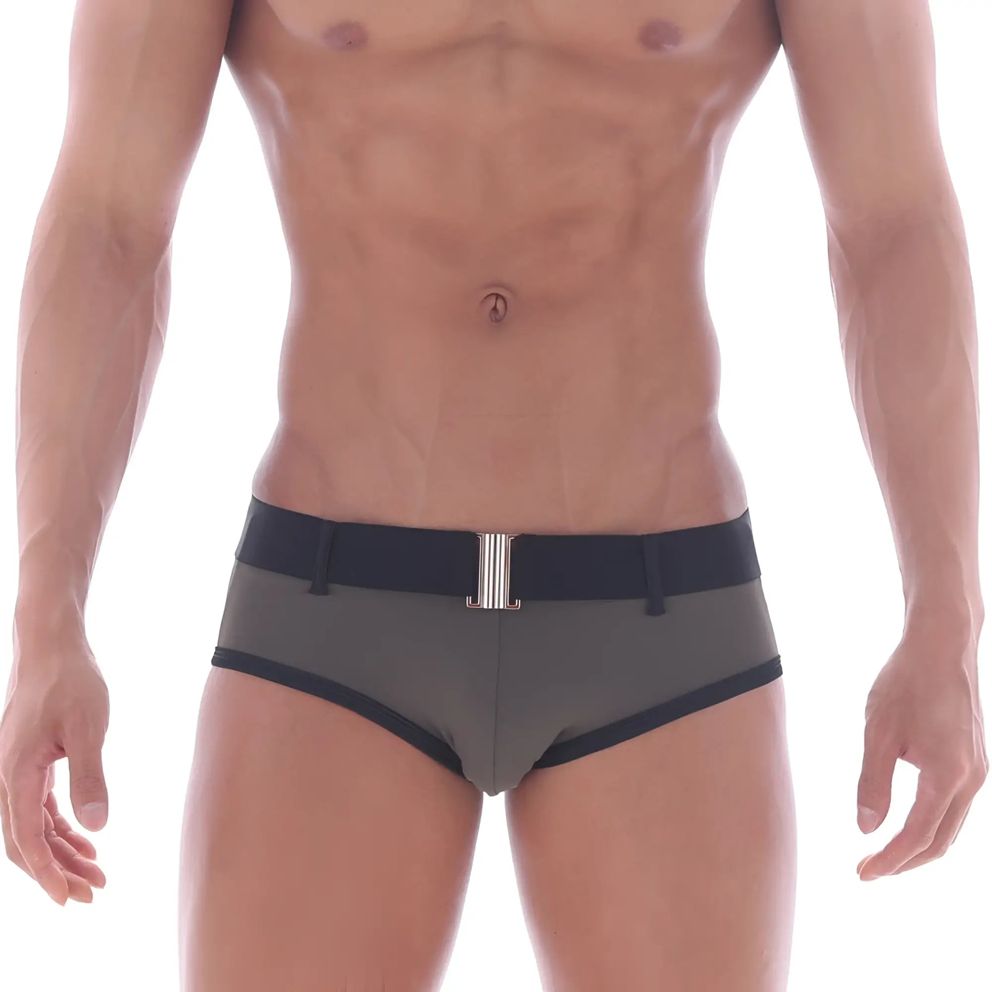 Gray metro male wear patagonia swim brief with black trim and silver belt buckle in khaki color