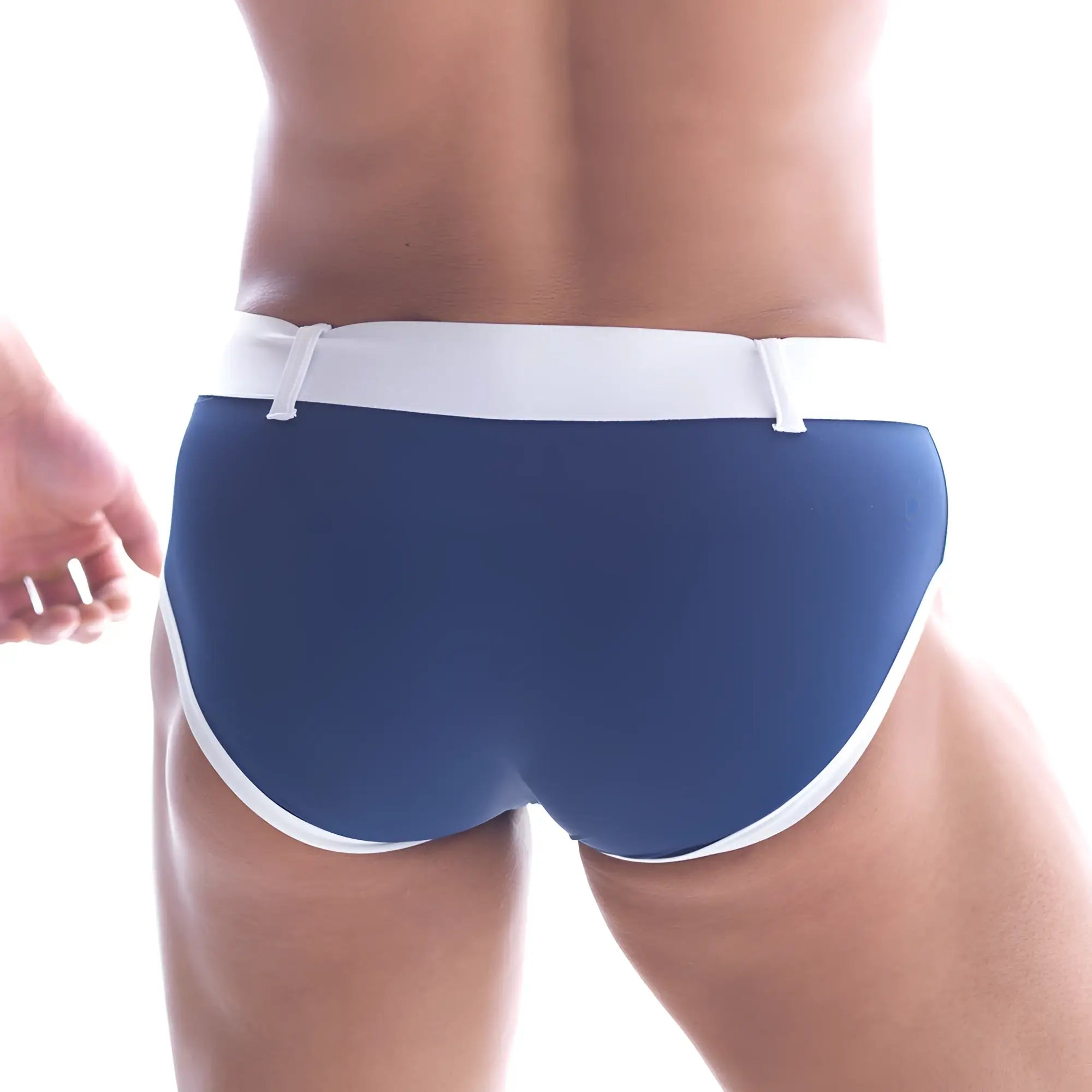 Navy blue MetroMaleWear Patagonia swim brief with white waistband and trim designed for comfortable swimming