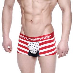 MetroMaleWear patriot short boxer 7 inch 2022-91 red and white striped briefs with star-patterned pouch and branded waistband