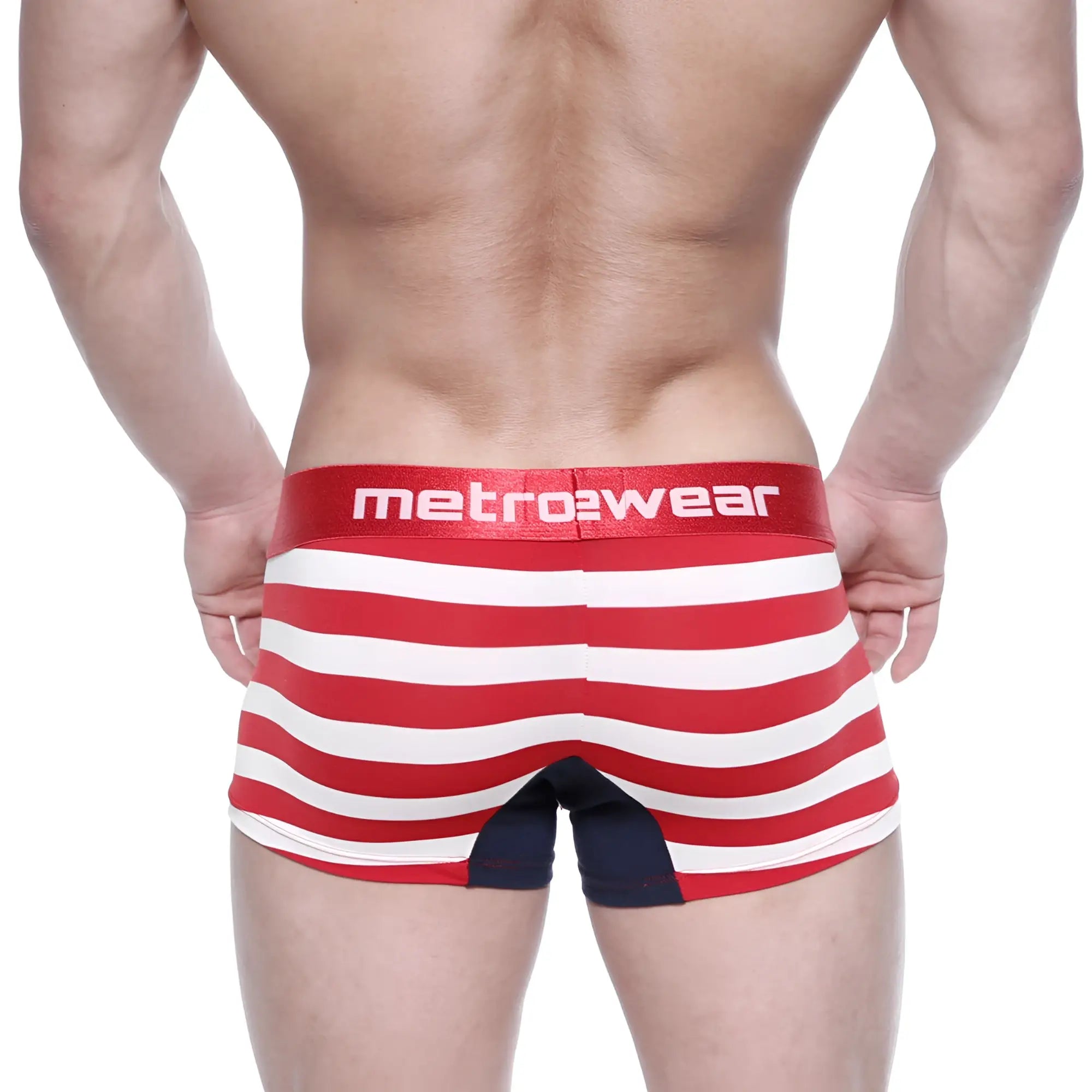 Red and white striped men’s boxer briefs with navy blue back panel and metro2wear waistband from metroMalewear patriot short boxer 2022-91