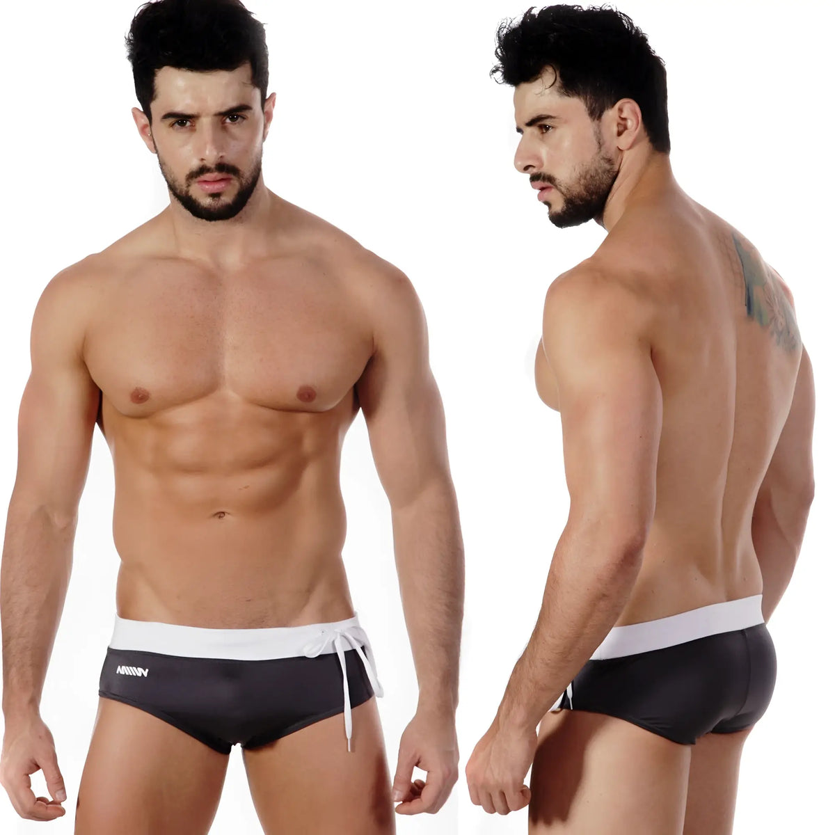 Black swim trunks with white waistband and drawstring featuring subtle MetroMaleWear logo on the side for swimming