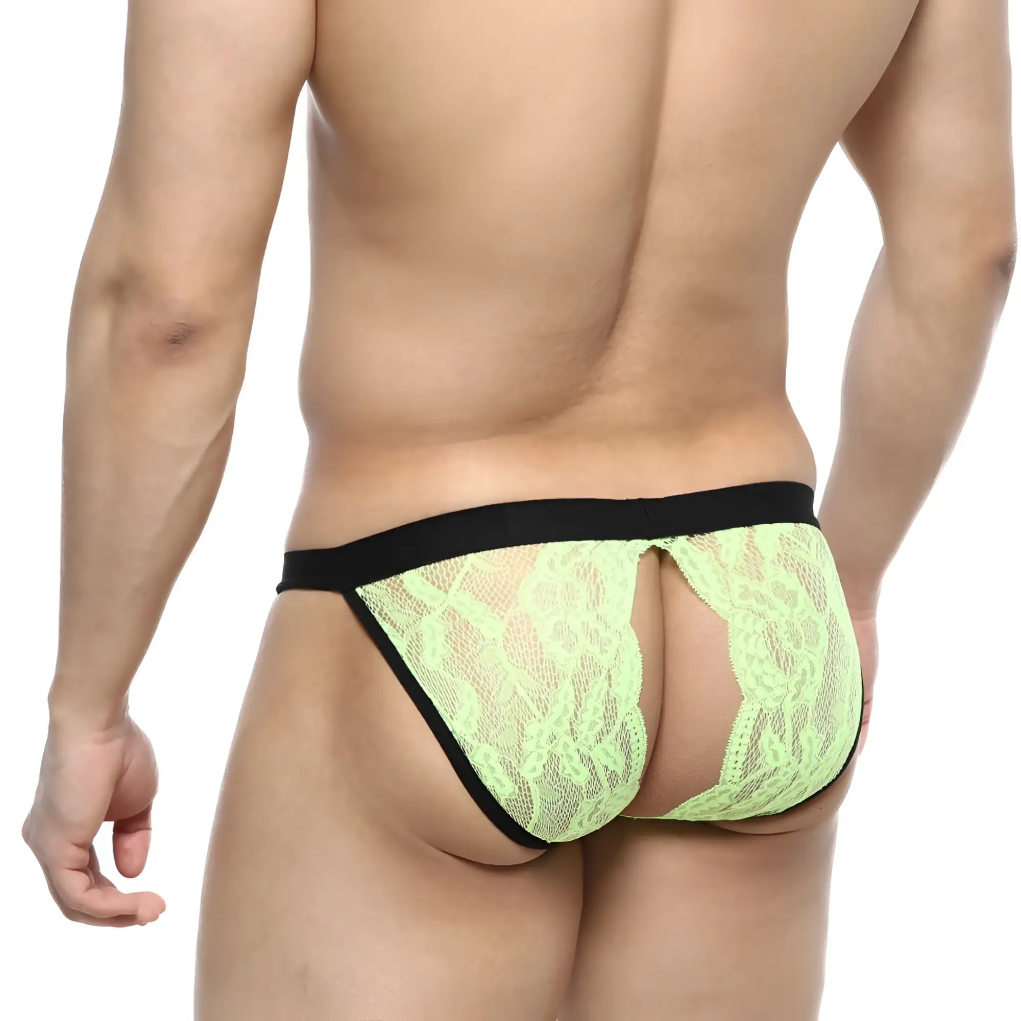 Metro male wear peek-a-boo bikini green lime green lace thong with black elastic waistband front view