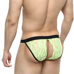 Metro male wear peek-a-boo bikini green lime green lace thong with black elastic waistband front view