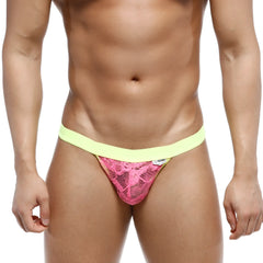 Bright pink lace thong with neon yellow waistband from MetroMaleWear peek-a-boo bikini 1204-02 product line
