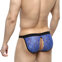 Blue lace thong peek-a-boo bikini with black elastic waistband and side trim by metroMalewear royal 1204-18