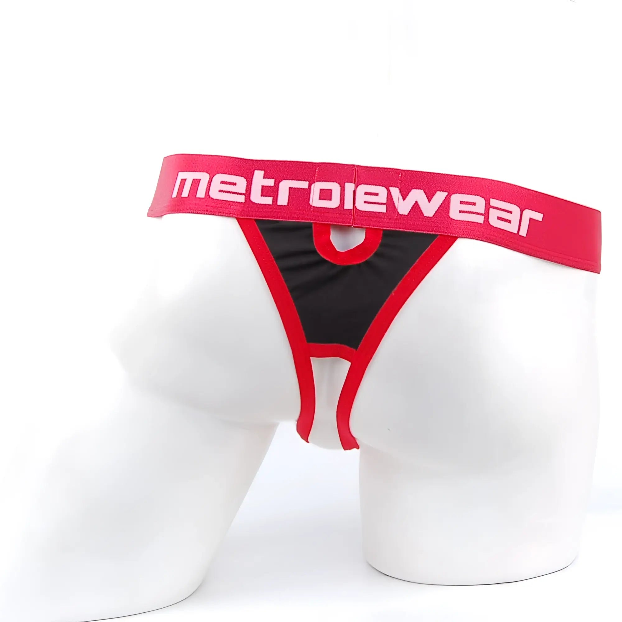 MetroMaleWear peek-a-boo thong black 2232-20 in red and black with bold red waistband and white lettering