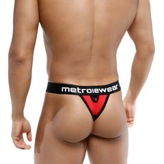Red and black metroMaleWear peek a boo thong with branded waistband showing the back side of the product