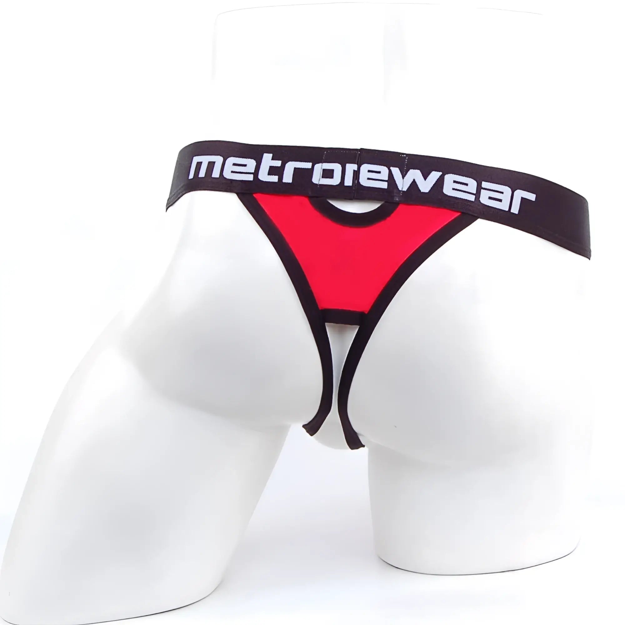 MetroMaleWear peek-a-boo thong in red and black mesh with bold contrasting design visible from back side