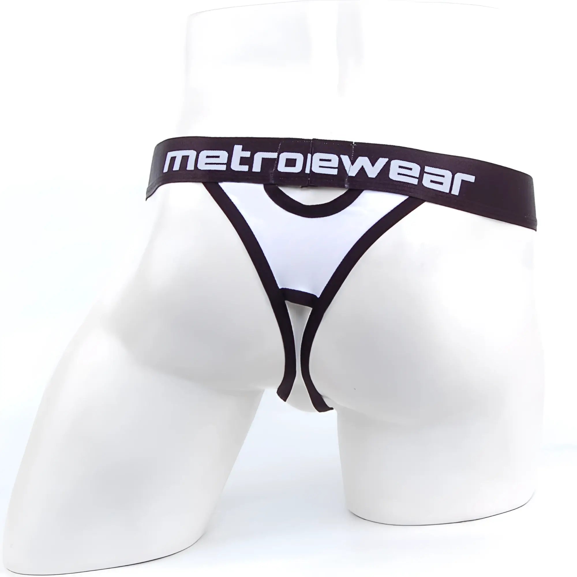 MetroMaleWear peek-a-boo thong in white and black metrowear fabric with bold contrasting design shown from the back side