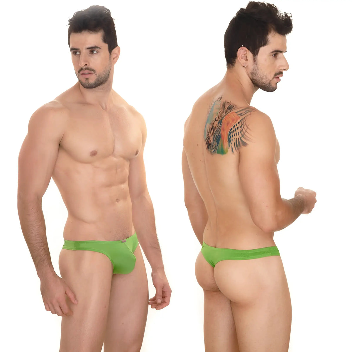 Bright green form-fitting men’s briefs from MetroMaleWear Perfect Scene Askin Thong green 2002-17 front view