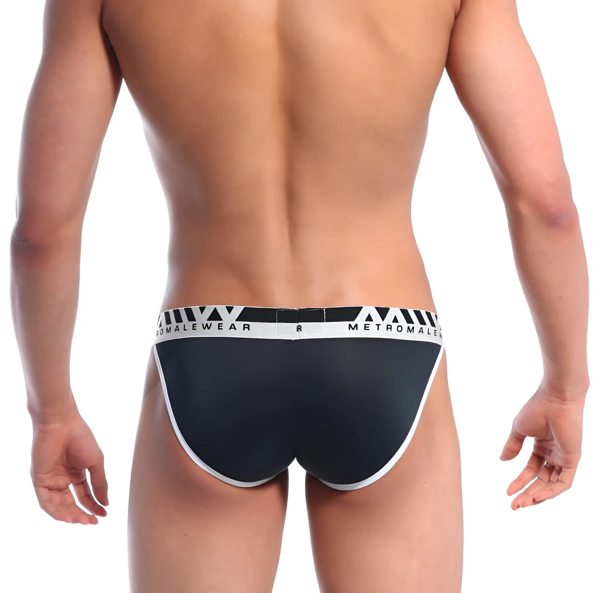 Black and white metromalewear perfect scene bikini briefs with a sleek form-fitting design front view