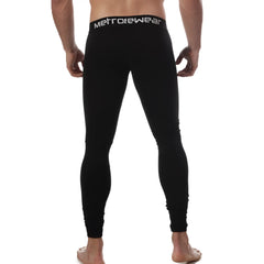 Black metromalewear cotton leggings with a snug fit and white logo on the waistband perfect for long john wear