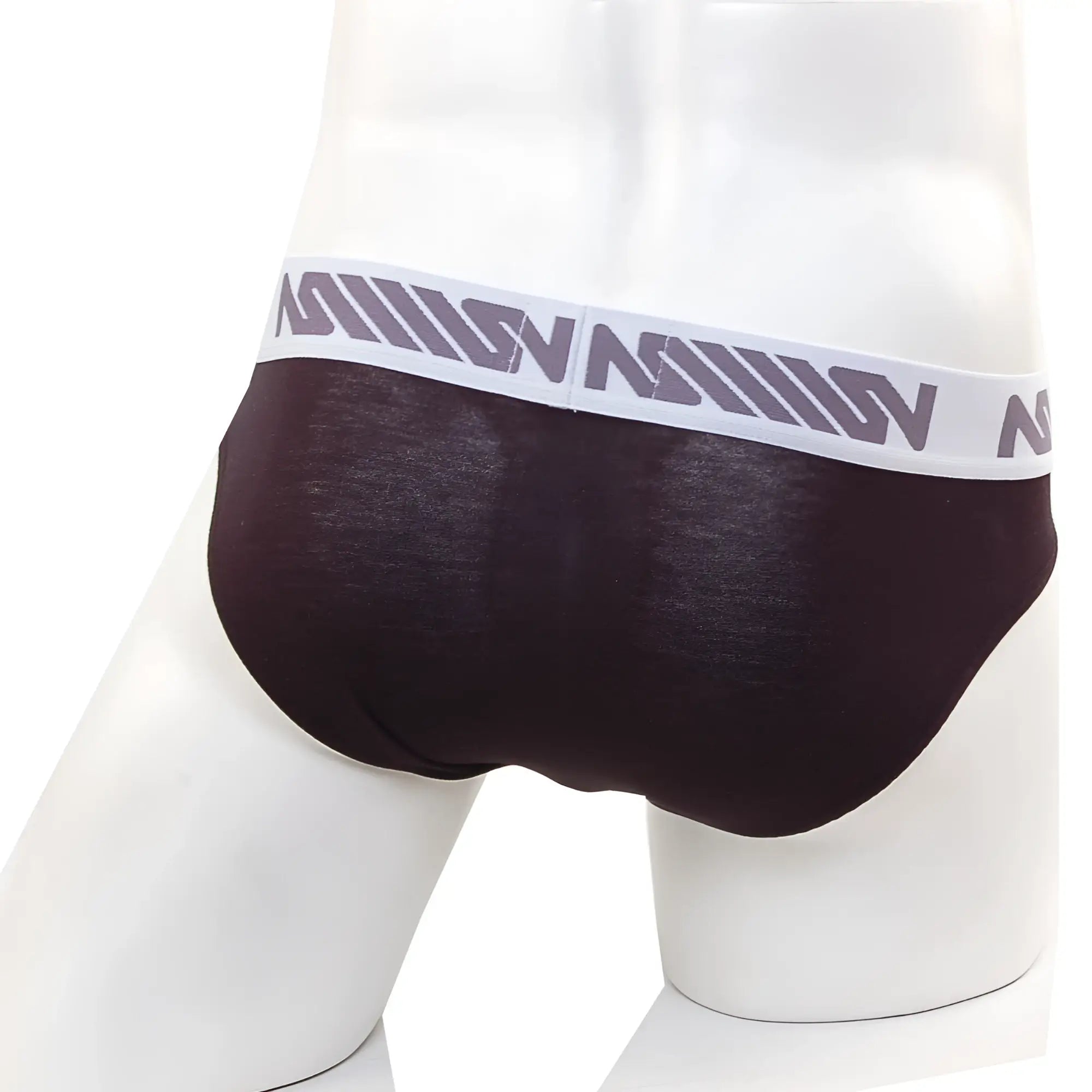 Dark brown metro male wear perfect scene hip briefs with white elastic waistband and gray geometric logos