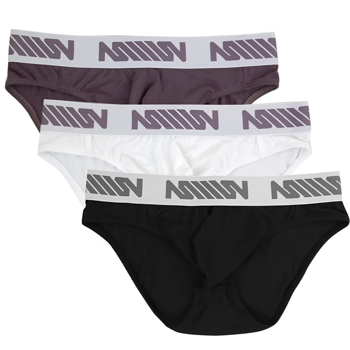 Set of three metroMalewear perfect scene hip briefs in black white and dark gray with logo waistband elastic