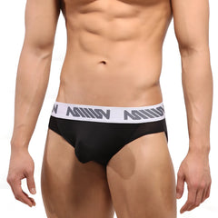 Black men’s briefs with white elastic waistband and gray geometric metro malewear branding in core black color