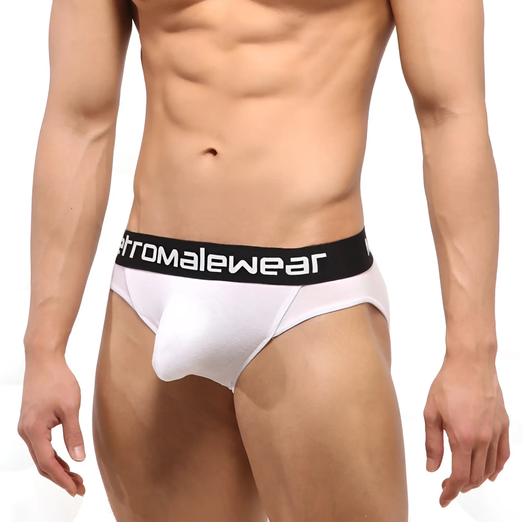 White men’s briefs metroMalewear Perfect Scene hip brief core with black waistband and chromalewear logo in white