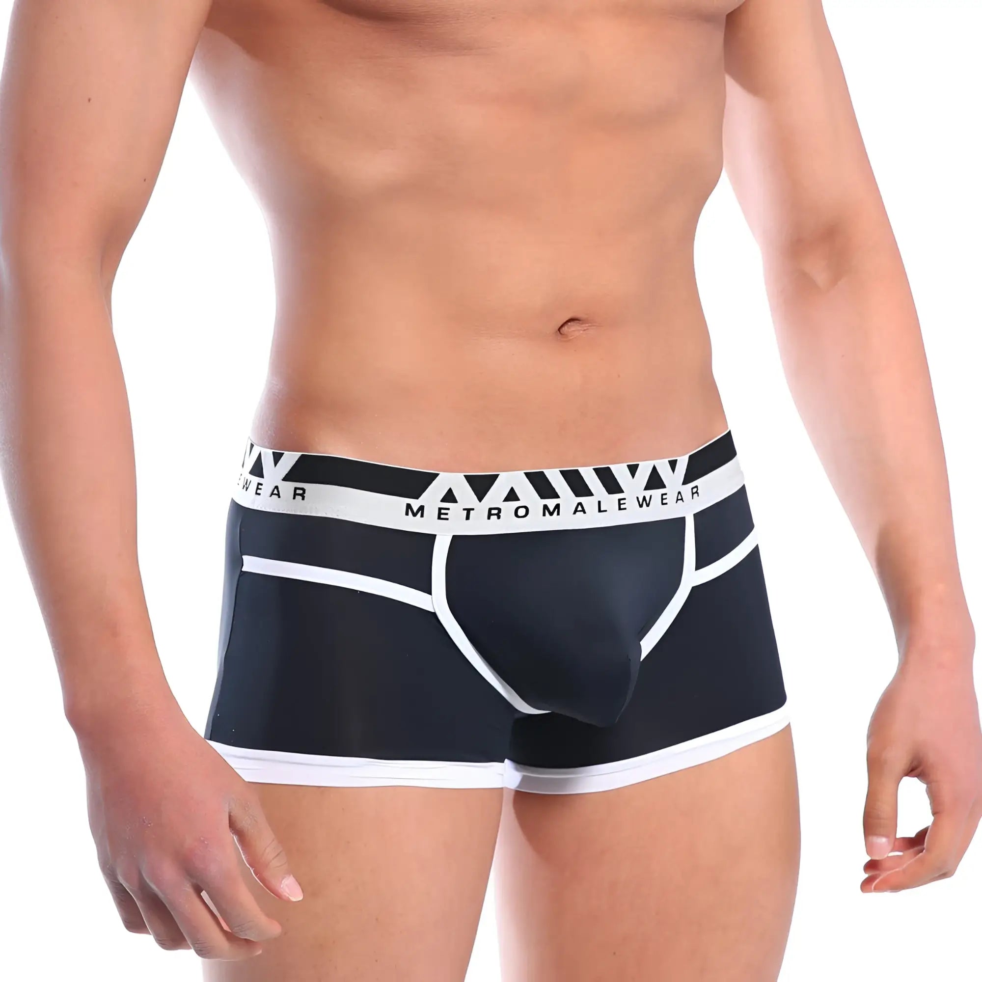 Black and white metro male wear hip contrast trunk briefs with bold geometric waistband and metromalewear branding