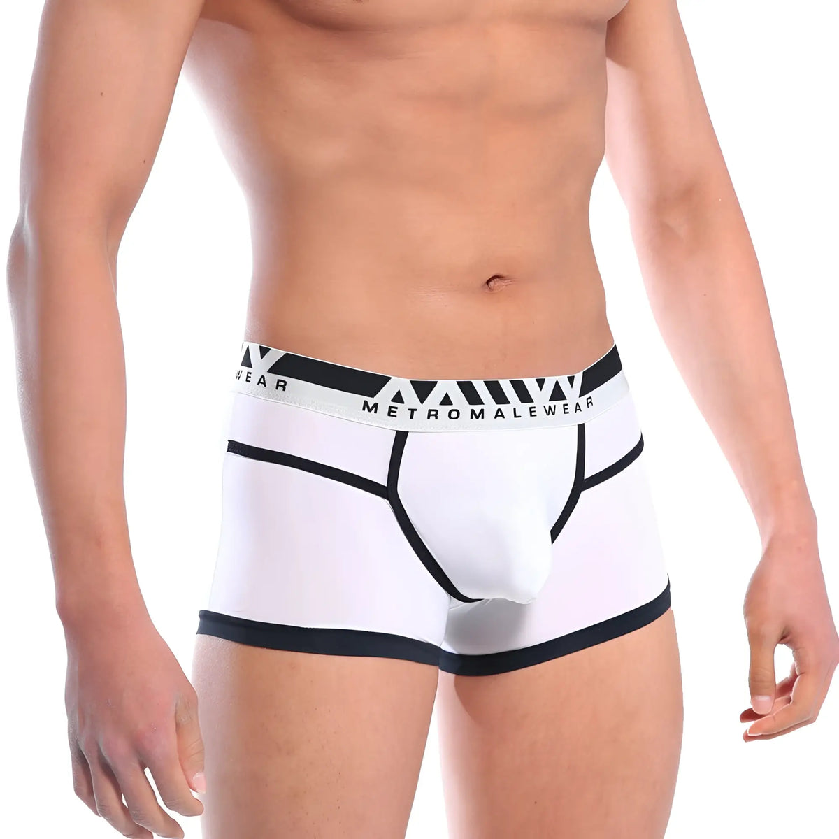 White men’s briefs with black trim and a bold metromalewear logo on the waistband in perfect scene hip contrast trunk style