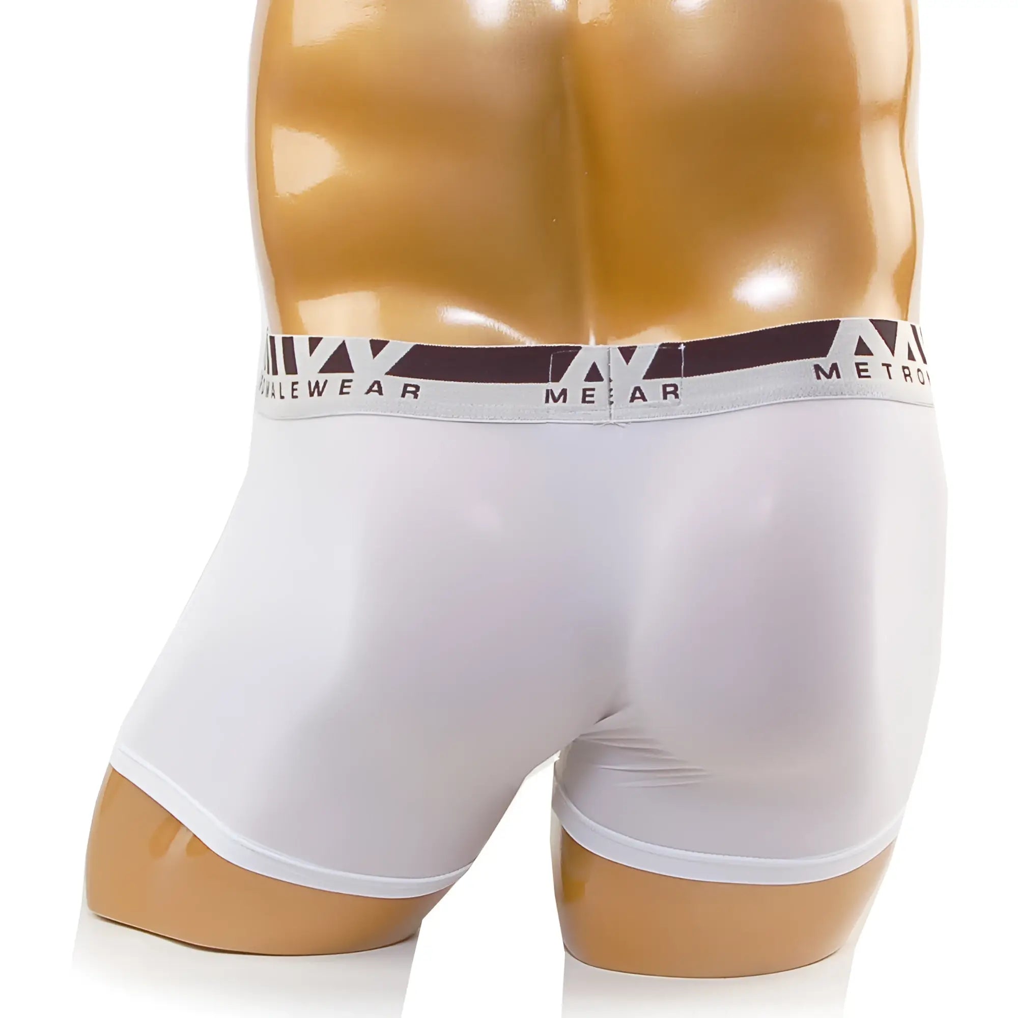 White men’s boxer briefs with a dark brown and white metro elastic waistband perfect for daily wear