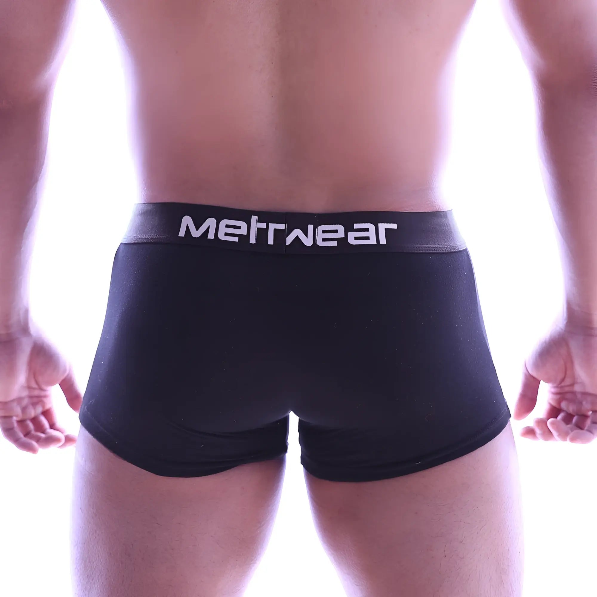 Black MetroMaleWear Perfect Scene hip trunk boxer briefs with gray waistband and white lettering visible on front side