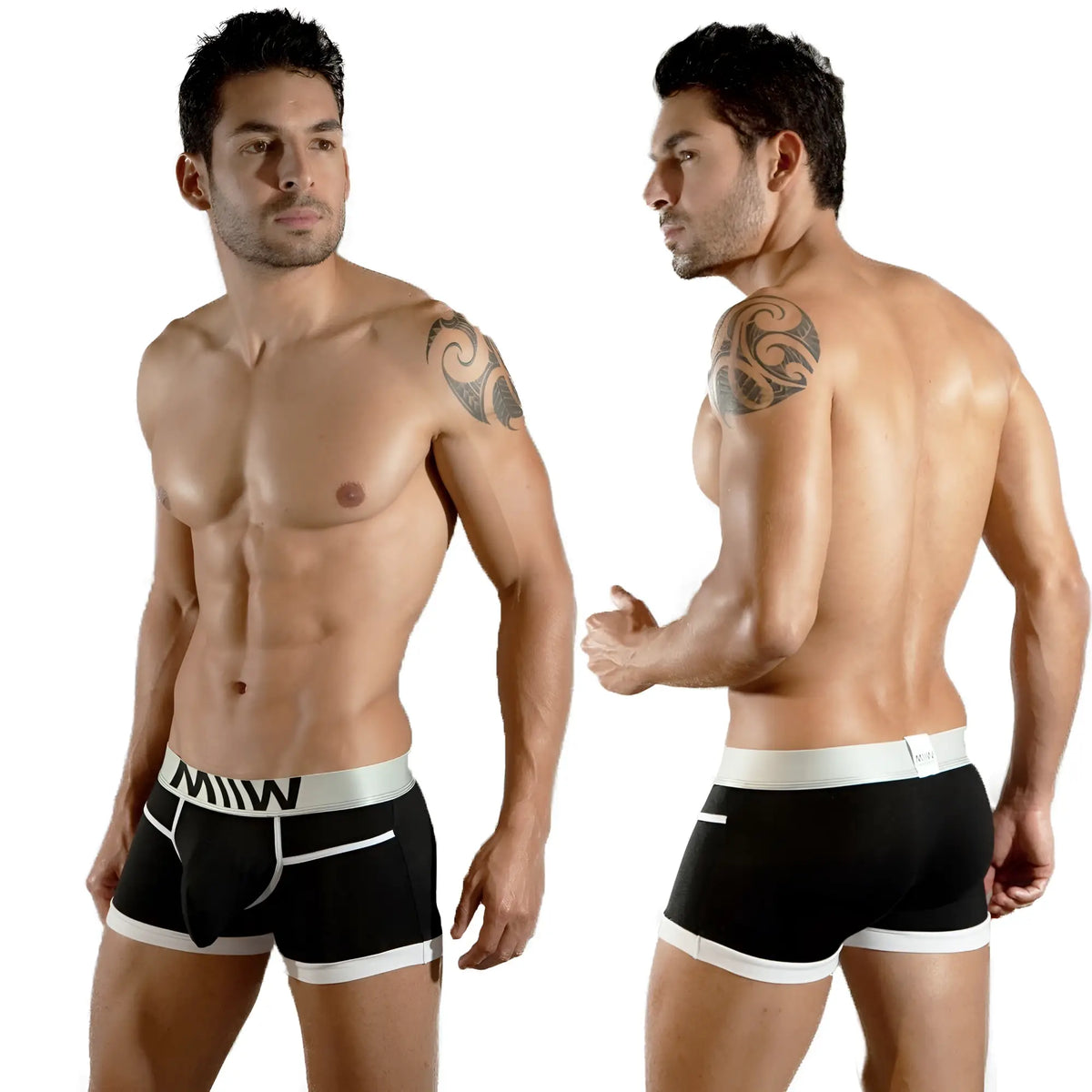 MetroMalewear perfect scene hip trunk black men’s briefs with white trim and silver logo waistband front view