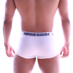 White men’s briefs with a navy blue logo band from metromalewear perfect scene hip trunk 1013-02