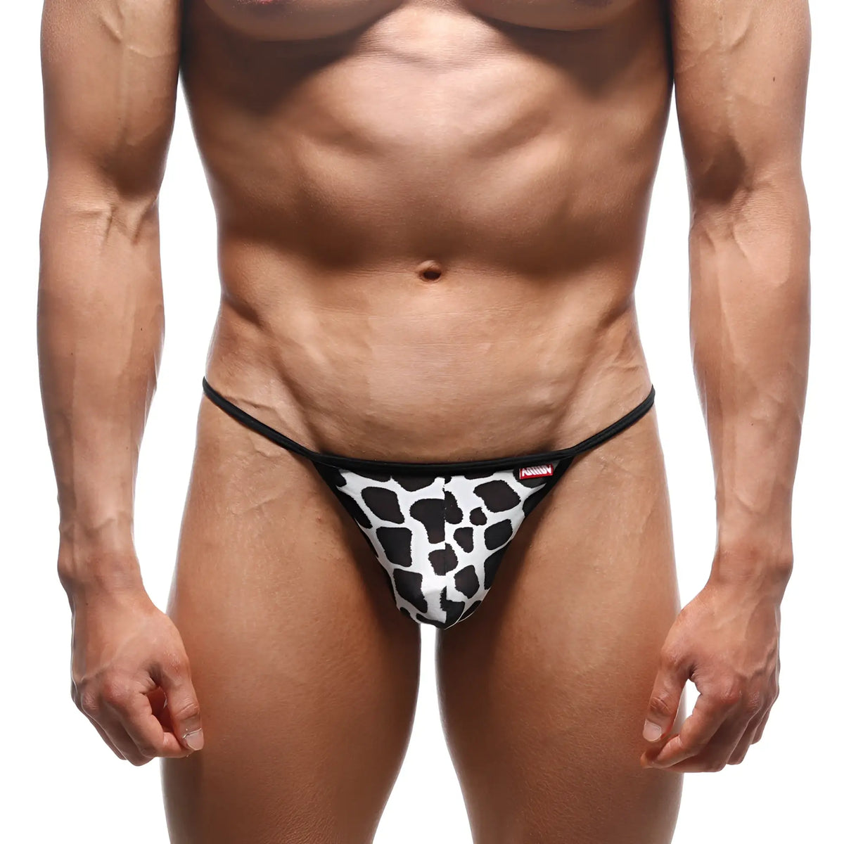 MetroMaleWear Perfect Scene string thong in black and white cow print with thin black elastic waistband front view