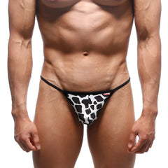 MetroMaleWear Perfect Scene string thong in black and white cow print with thin black elastic waistband front view