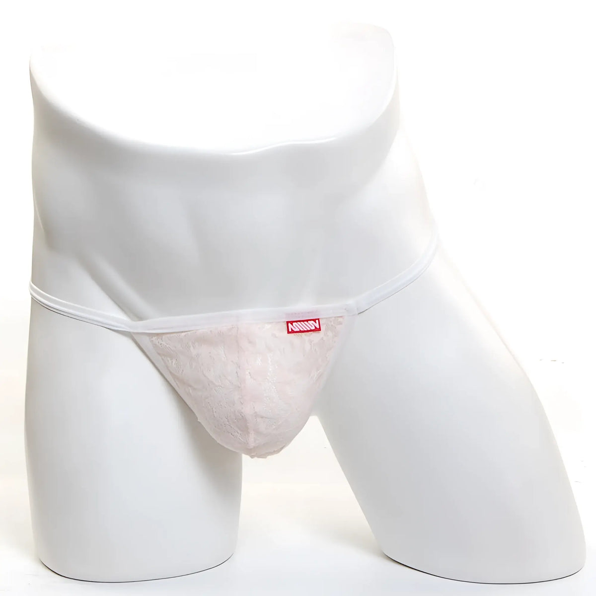 A delicate pink lace thong with white elastic waistband and red madison brand name, metro male wear 2014-71