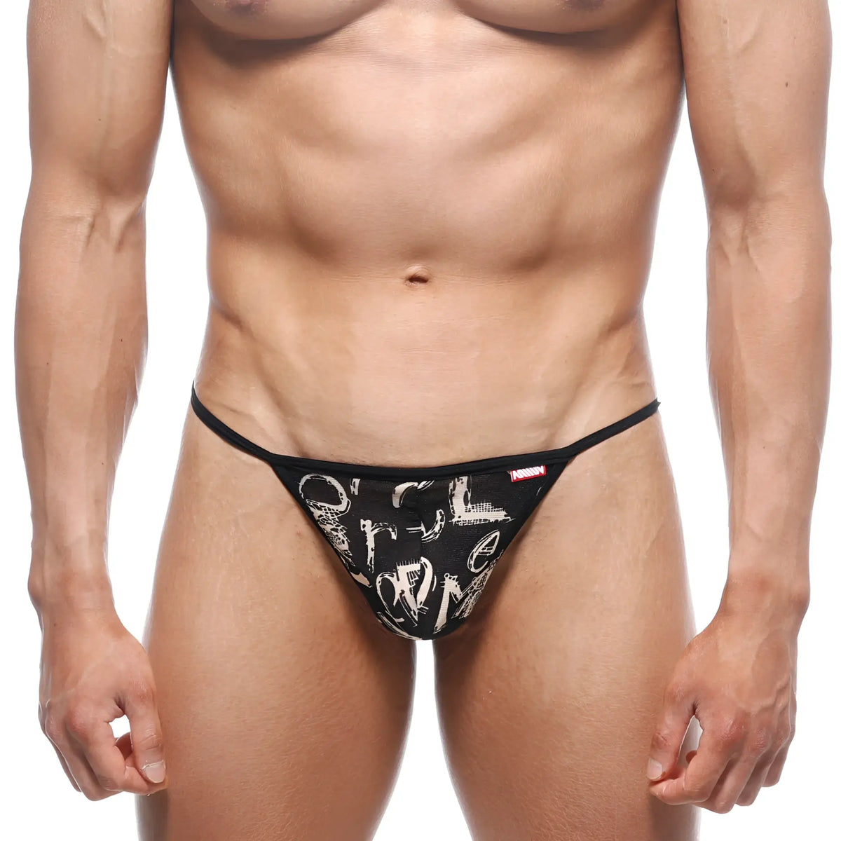 Black thong with white graffiti lettering and red metro male wear tag on waistband perfect scene string oraculo 2014-78