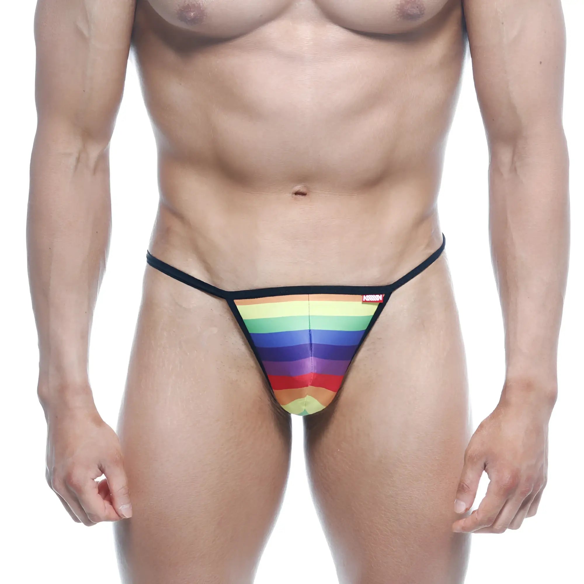 MetroMaleWear Perfect Scene String rainbow thong with black elastic waistband and small red brand tag visible from front