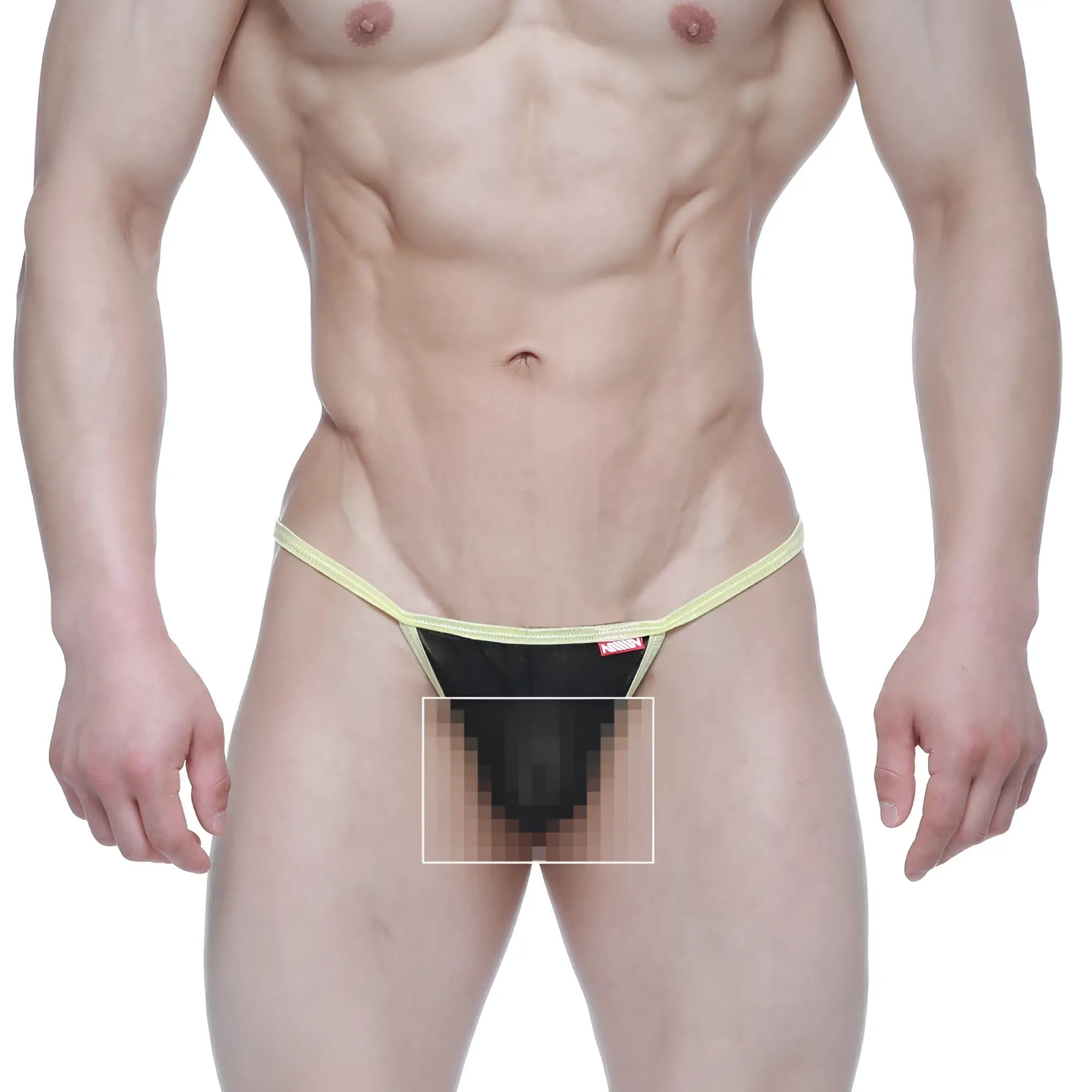Black mesh thong with yellow elastic waistband and trim from MetroMaleWear perfect scene string tull 2014-21