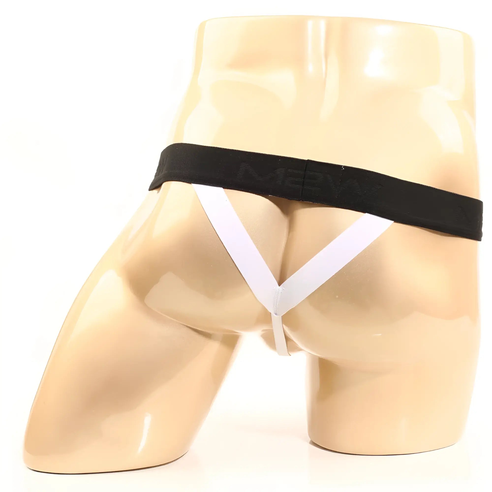 Black and white men’s briefs with black m2ny waistband shown from back in MetroMaleWear perfect scene y-back thong turquoise 1002-08