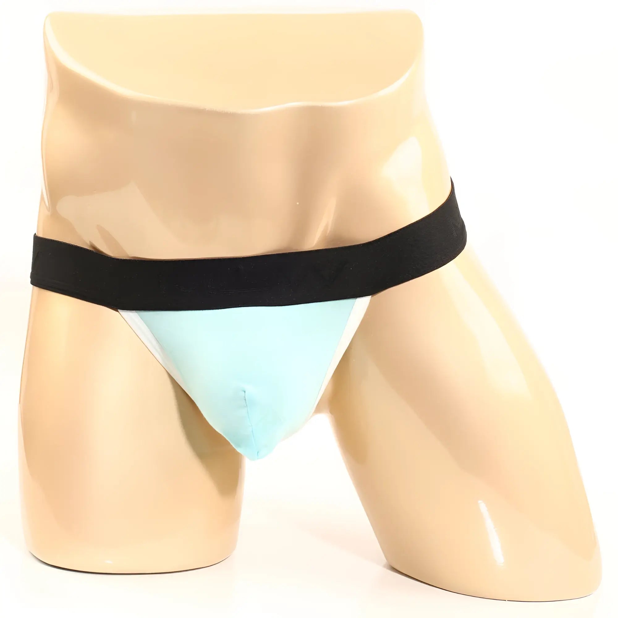 Light blue metroMalewear perfect scene y-back thong with black elastic waistband shown from the back side