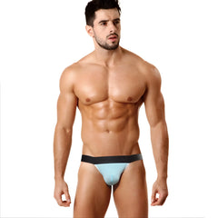 Light blue and black metro male wear perfect scene y-back thong with snug fit showing the back side of the briefs
